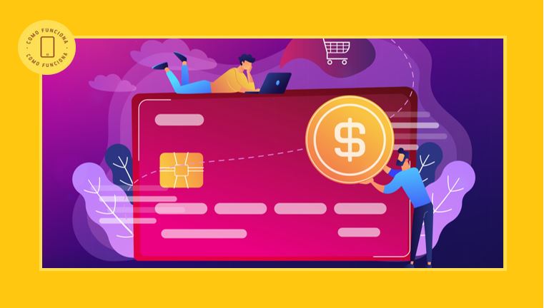 Cartão de crédito com moedas de dólar, pessoas e simbolos que fazem alusão a compras online e operações financeiras.